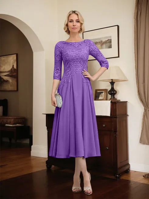 A-line Scoop Illusion Tea-Length Chiffon Lace Mother of the Bride Dress With Beading Sequins