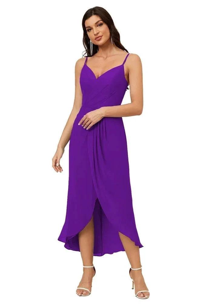 Numbersea Spaghetti Chiffon V Neck Bridesmaid Dress Mid-Length Slit Formal Prom Dress Homecoming Dress 2803 by numbersea