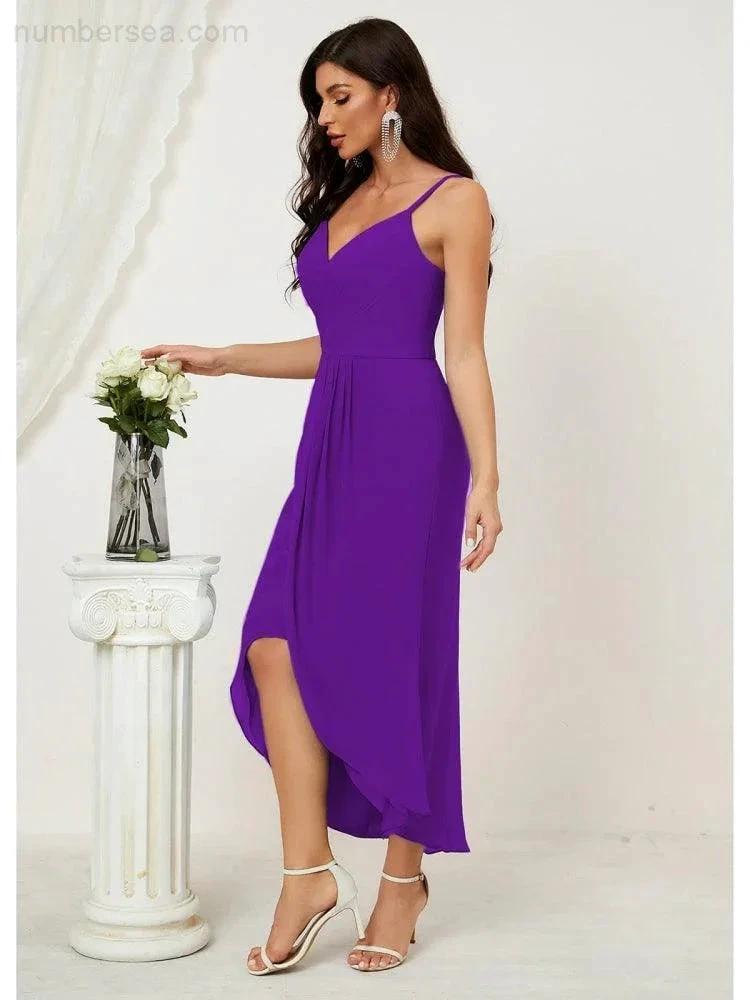 ZapDress Spaghetti Chiffon V Neck Bridesmaid Dress Mid-Length Slit Formal Prom Dress Homecoming Dress 2803 (ZD16952)