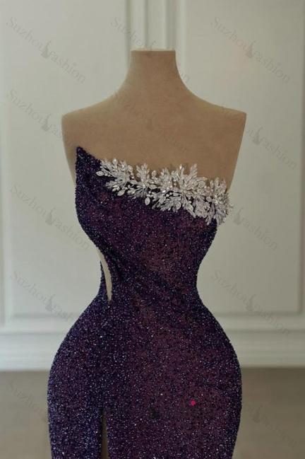 Purple Prom Dress Strapless Sequined Beading Formal Dress With Slit