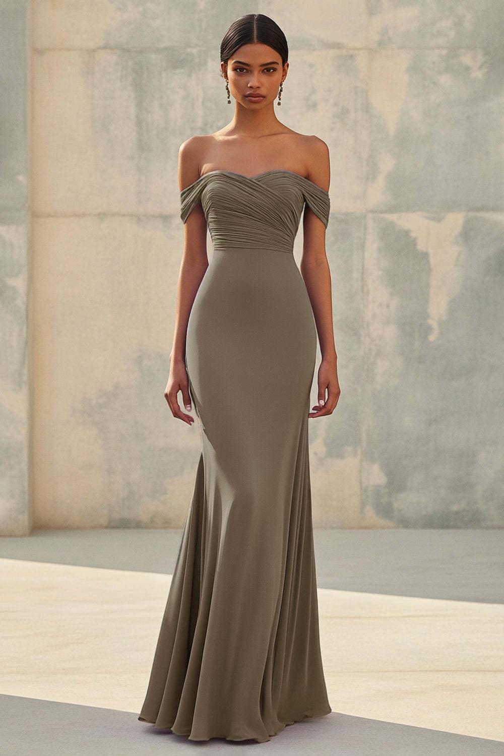 Purple Wedding Guest Dress Chiffon Mermaid Off The Shoulder Long Formal Dress With Ruch