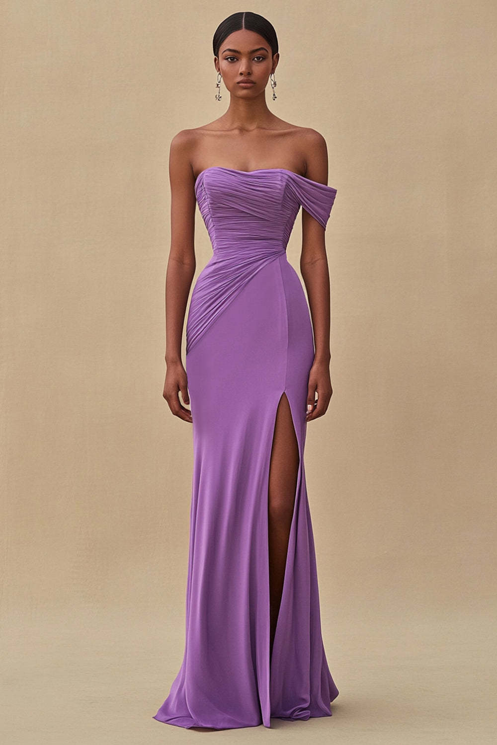 Purple Wedding Guest Dress Mermaid Off The Shoulder Long Formal Dress With Slit