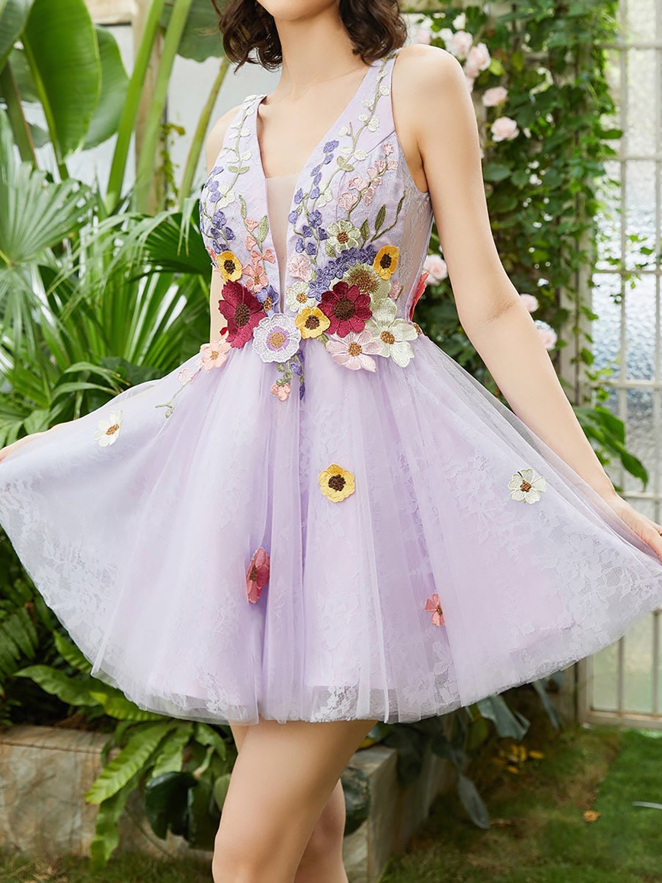 A-Line Lilac V Neck Backless Short Homecoming Dress with 3D Flowers - Fashionpara