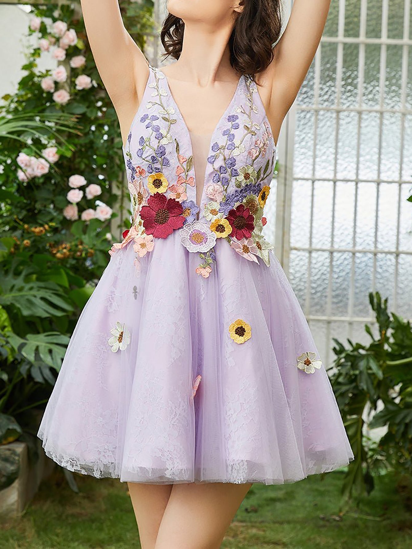 A-Line Lilac V Neck Backless Short Homecoming Dress with 3D Flowers - Fashionpara