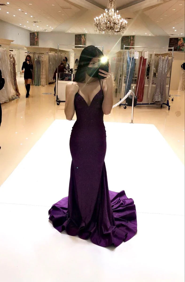 Purple Mermaid Long Formal Prom Dresses Beaded Evening Dress