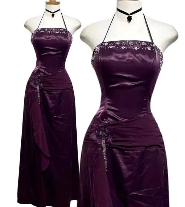 Purple Retro Beaded Halter Prom Dress Long Satin Formal Evening Dress