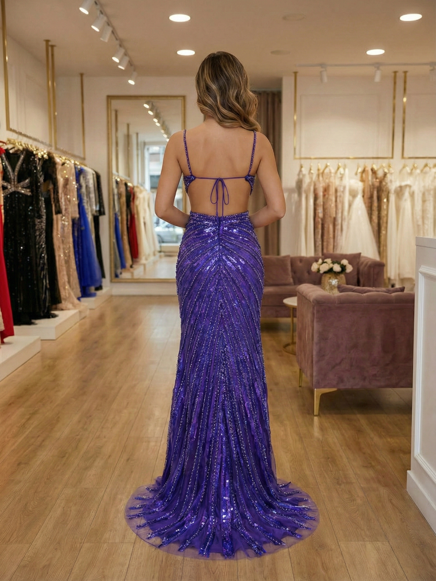 Purple Sequin V Neck Cutout Prom Dress with High Slit