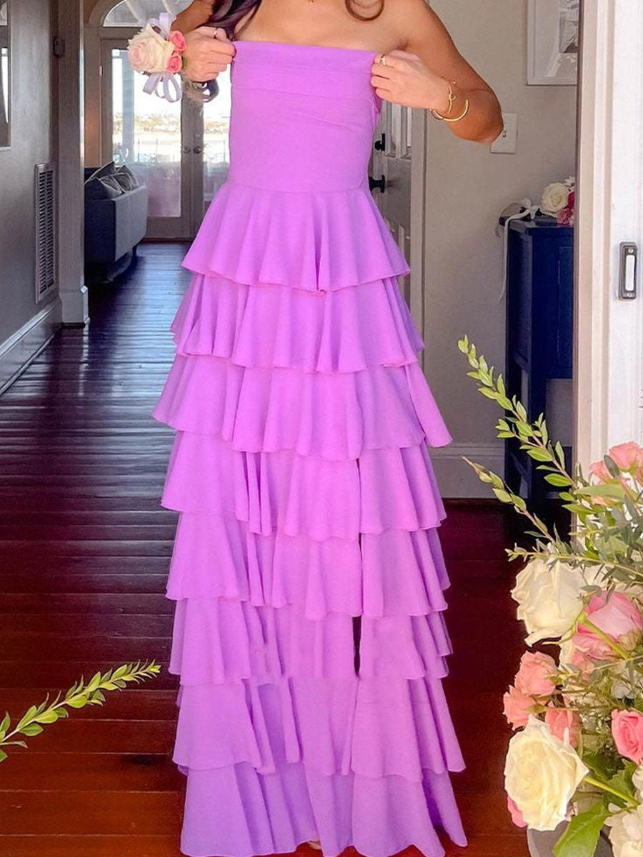 Purple Strapless Cascading Tiered Ruffle Prom Dress