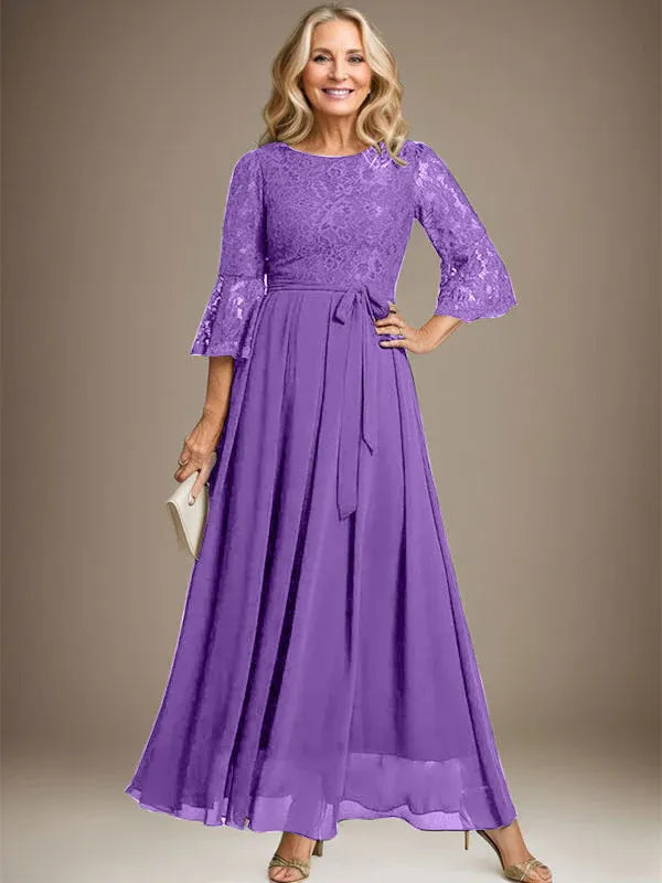 A-line Scoop Ankle-Length Lace Chiffon Mother of the Bride Dress With Bow