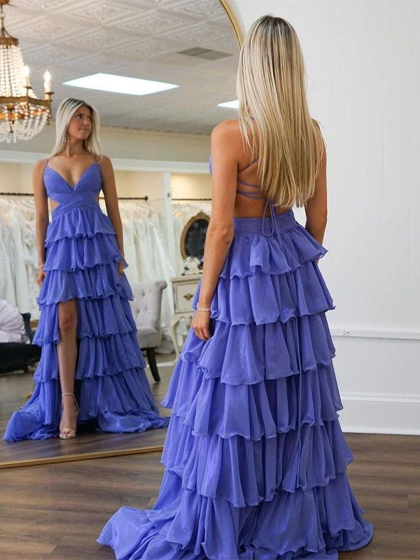 Purple A-Line Spaghetti V-Neck Prom Dress with Cascading Ruffles - View 2 | FashionDia