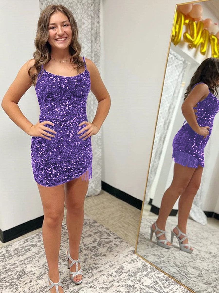 Fitted Spaghetti Straps Short Sequin Homecoming Dress
