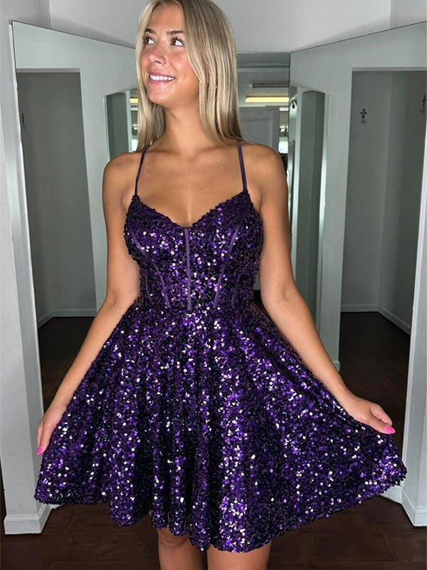 A-line Sequin Spaghetti Straps Short Homecoming Dress - FashionDia