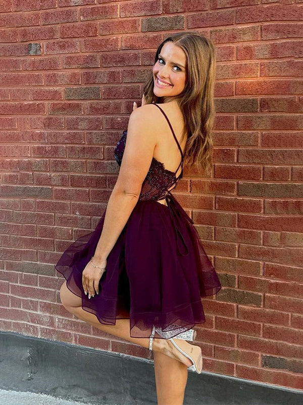A-line V Neck Beaded Short Tulle Homecoming Dress