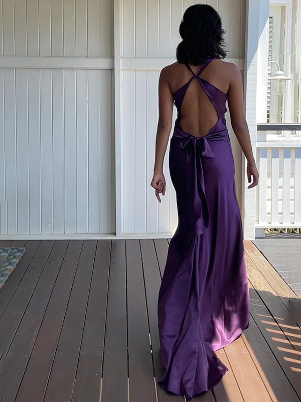 Green Chic Sheath Halter Neck Long Prom Party Dress with Backless Bowknot