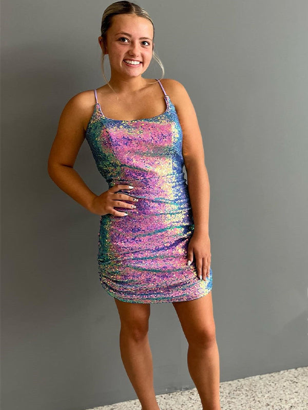 Purple Iridescent Sequin Scoop Neck Short Homecoming Dress