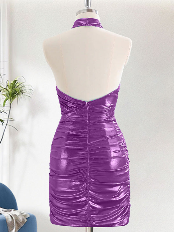 Metallic Tight Halter Backless Satin Homecoming Dress