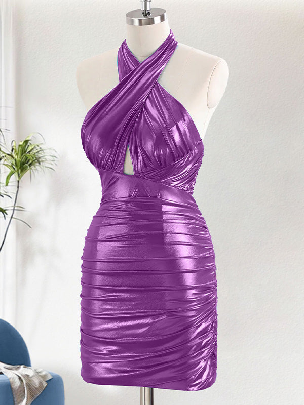 Metallic Tight Halter Backless Satin Homecoming Dress