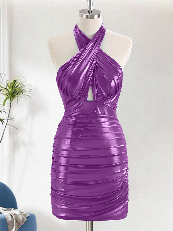 Metallic Tight Halter Backless Satin Homecoming Dress - FashionDia