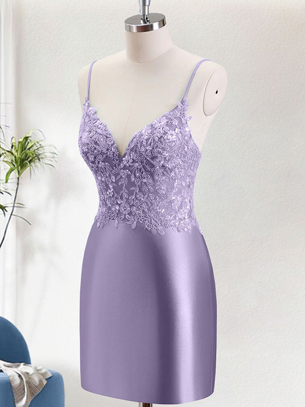 Spaghetti Straps Beaded Appliques Satin Bodycon Homecoming Dress