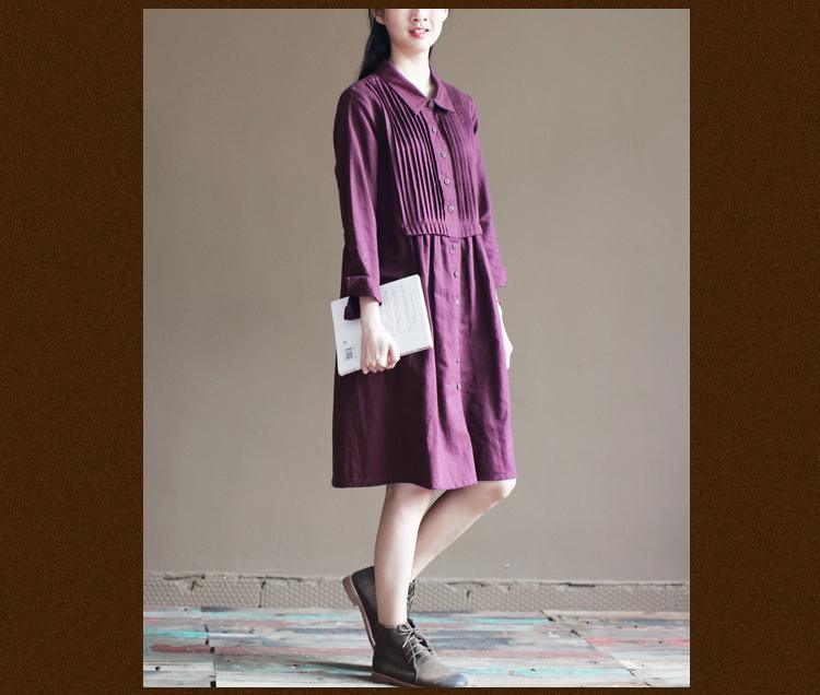 Purple linen dresses long sleeve cotton dress vintage style