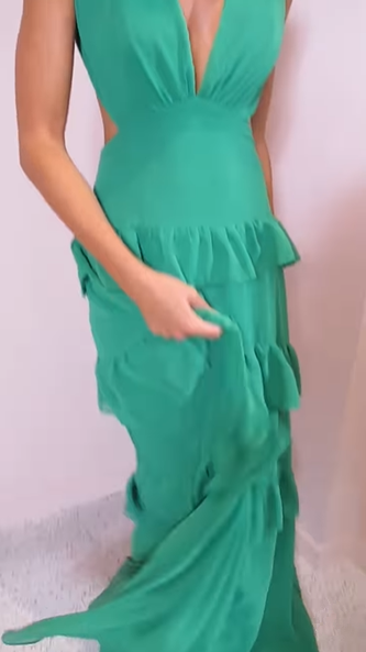 Emerald Green Deep V Neck Layered Ruffles Evening Dress Backless Long Prom Dress Y8386 - View 5 | VelvetHem