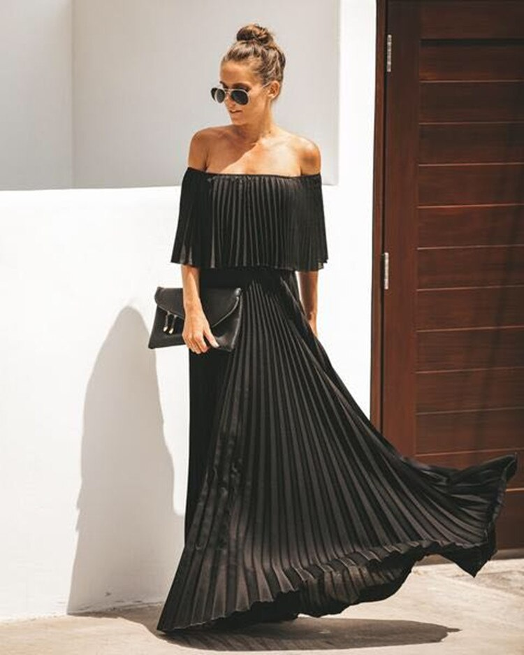 Elegant Off Shoulder Chiffon Summer Ruffle Pleated Prom Dresses  C749