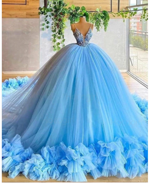 Spaghetti Straps Beading Bodice Tulle Ball Gown Evening Dress With Handmade C64