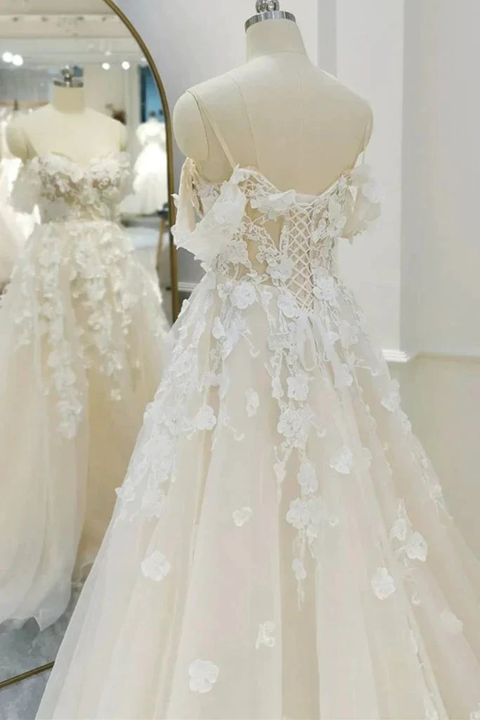 Off Shoulder Light Champagne Tulle Lace Long Wedding Dress (ZD13586)