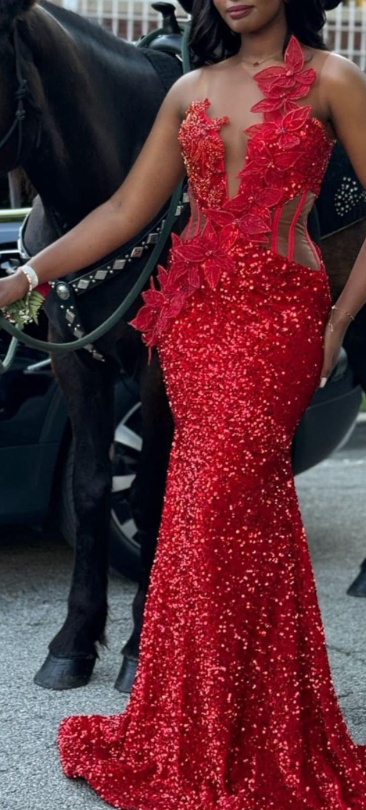 Charming Red Sleeveless Sequin Appliques Mermaid Prom Dress Long Evening Gown - FashionDia