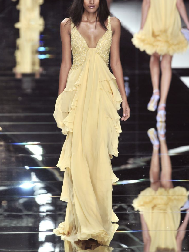 Classy Yellow V Neck Chiffon Prom Dress,Tiered Ruffles Party Evening Dress