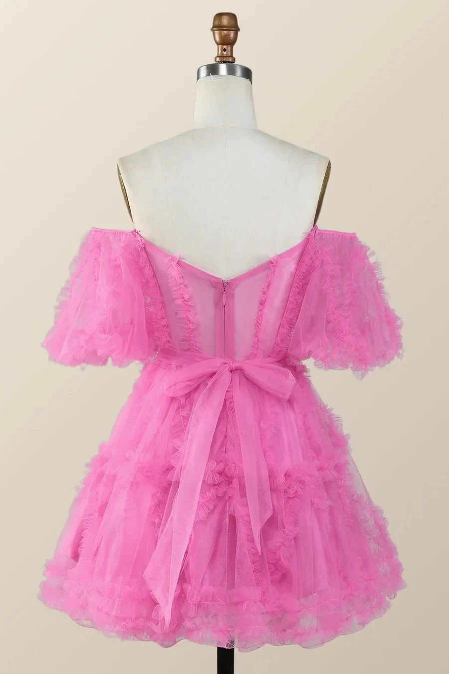 Off the Shoulder Hot Pink Ruffles Short A-line Homecoming Dress (ZD11931)