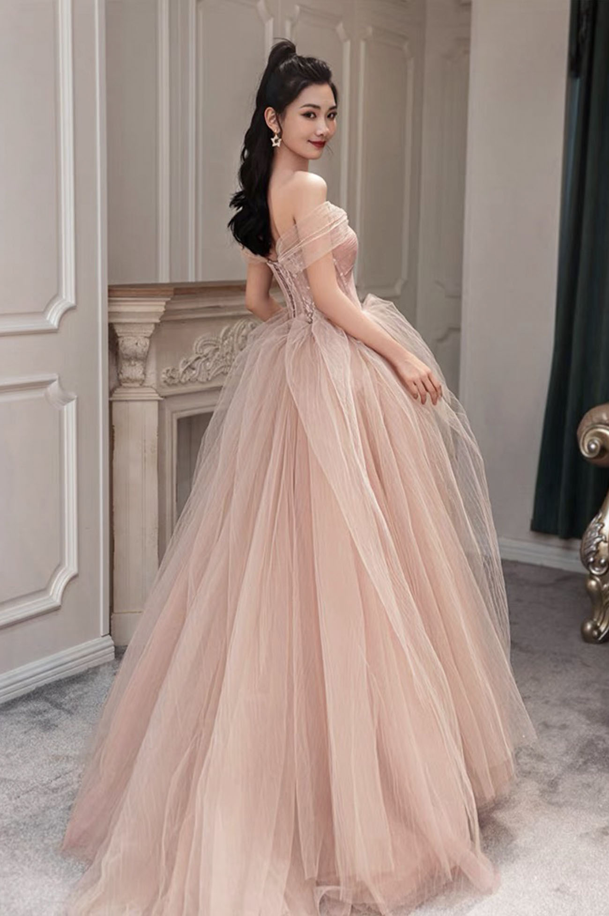 Pink Tulle Long Prom Dress Pink Evening Dress Y1825 - View 3 | VelvetHem