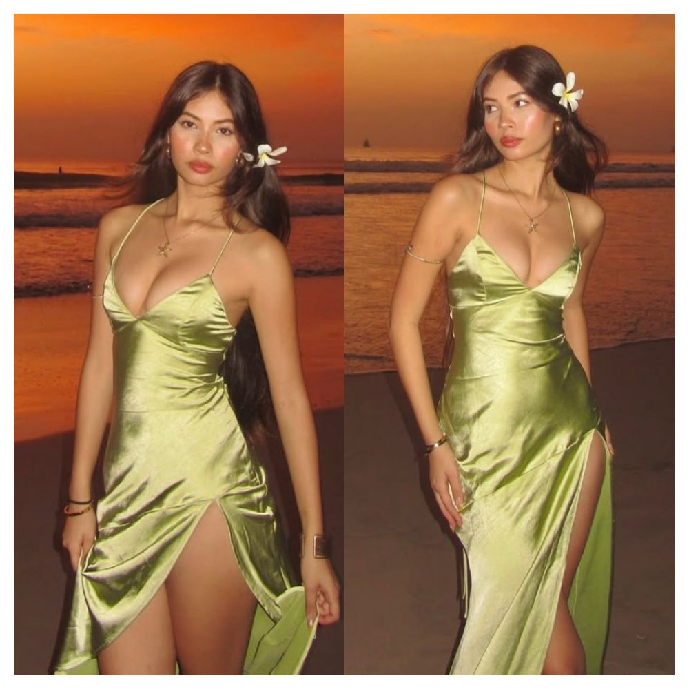 Simple Green Halter Satin Slit A Line Long Party Dress Evening Gown
