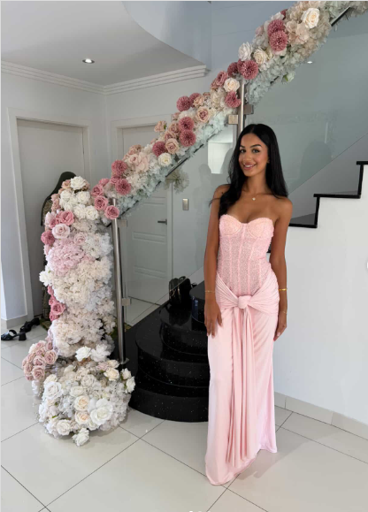 Sweet Pink Strapless Mermaid Sequin Chiffon Long Prom Dress Birthday Dress