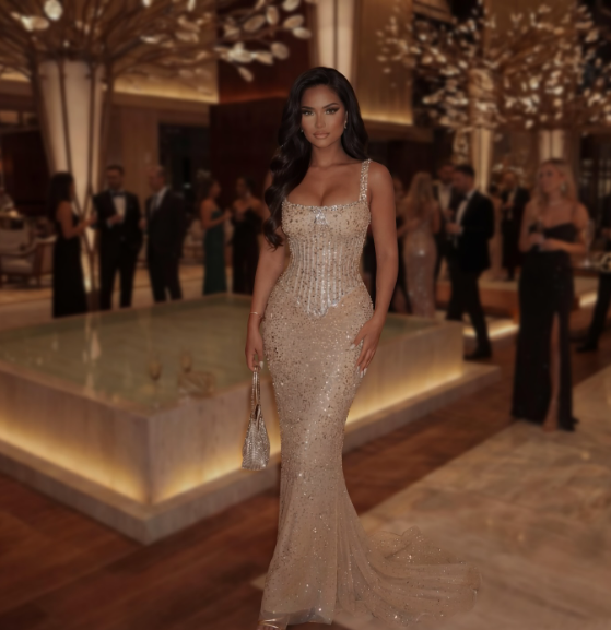 Luxurious Champagne Gold Mermaid Square Neck Sequined Prom & Evening Dress - View 5 | FashionDia