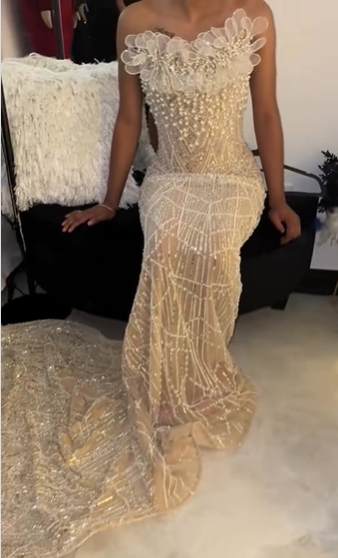 Luxurious Champagne Gold Strapless 3D Floral Beaded Sequin Tulle Train Long Prom & Evening Dress - View 8 | FashionDia