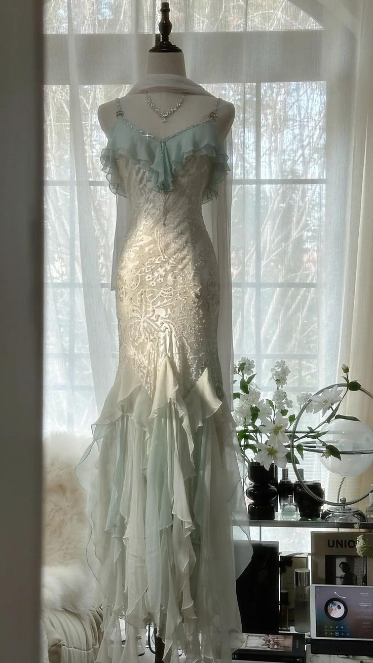 Classy Mint Green Temperament Mermaid Spaghetti Strap Chiffon Beaded Evening Dress Formal Prom Dress Y8546 - View 2 | VelvetHem