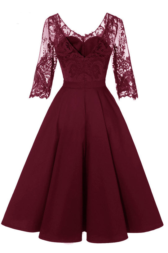 Burgundy A-line Applique Homecoming Dress With 3/4 Sleeves - Fashionpara