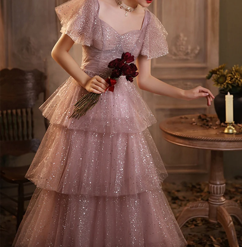 Dreamy Pink Long Prom Dress Girl Sparkly Tiered Dress Starry Evening Dress - View 2 | FashionDia