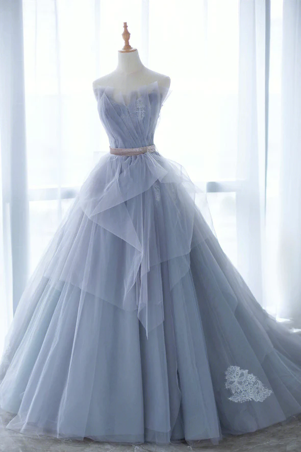 Blue Tulle Long A-Line Prom Dress with Lace - FashionDia