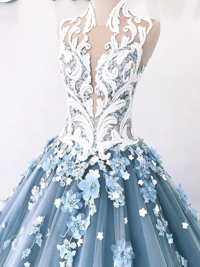 Vintage Ball Gown Prom Dress Tulle High Neck Customed Prom Dress - View 2 | FashionDia