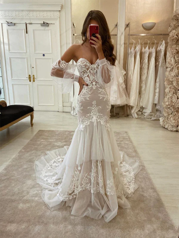 Charming Mermaid Lace Vintage Fashion Modest Wedding Dresses - FashionDia