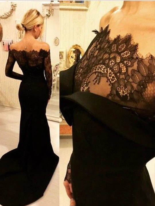 Mermaid Long Sleeves Off-the-Shoulder Sweep/Brush Train Lace Elastic Woven Satin Dresses