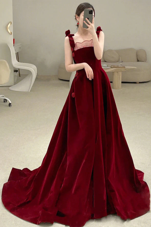 Burgundy velvet long prom dress A-line evening dress - FashionDia