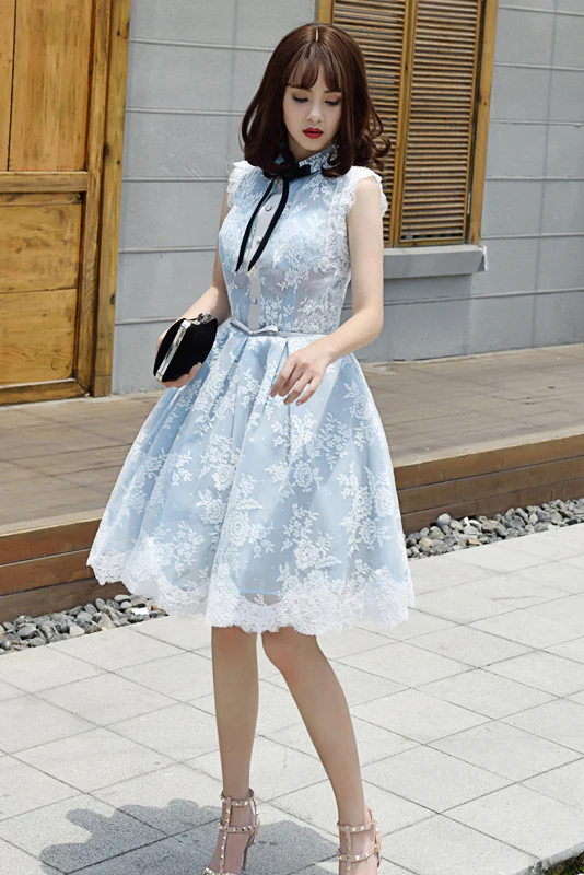 Light Sky Blue Homecoming Dress With Lace Appliques, Cute Short Formal Dress