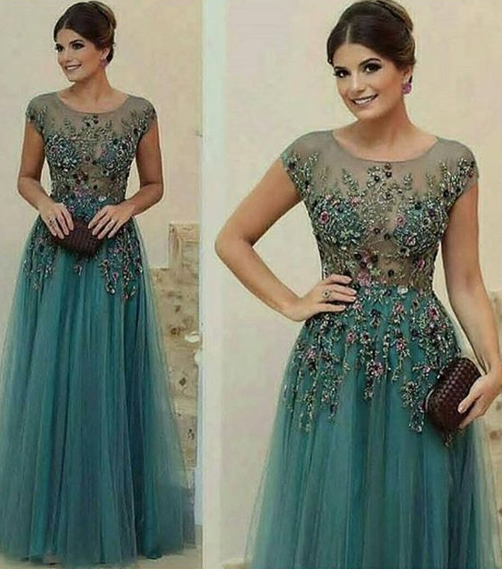 A-Line Scoop Floor-Length Short Tulle Prom Dress/Evening Dress - FashionDia