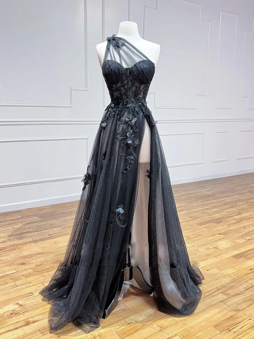 A-Line Black Tulle Lace Long Prom Dress, Black Formal Graduation Dress - FashionDia