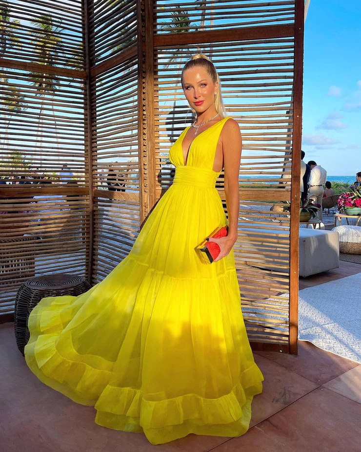 Charming A-Line V-Neck Yellow Chiffon Long Party Dresses, Wedding Guest Dresses - FashionDia