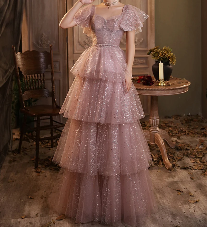 Dreamy Pink Long Prom Dress Girl Sparkly Tiered Dress Starry Evening Dress - FashionDia