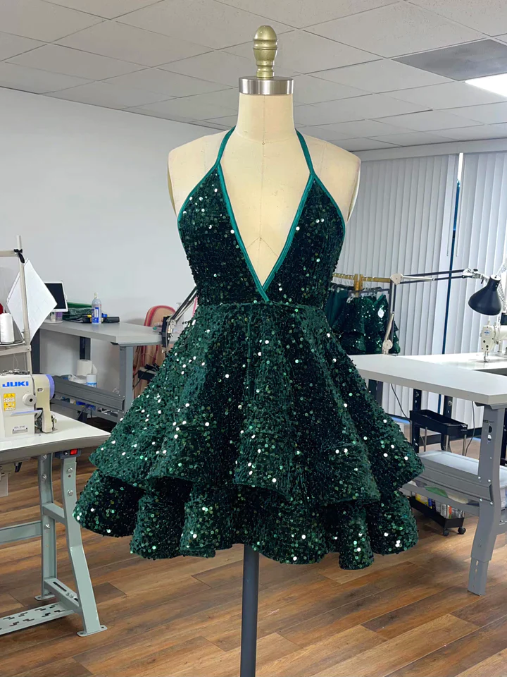 Sequin Party Dress V-Neck Ruffle Mini Dress Custom Back to School Dress Homecoming Dresses - FashionDia